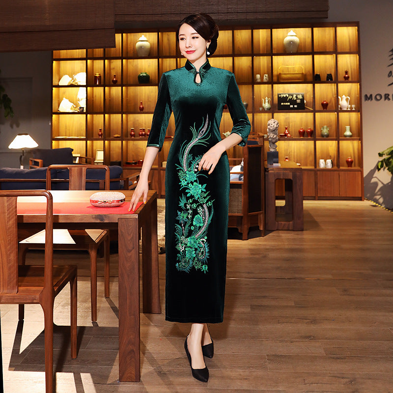 Vintage Embroidered Velvet Long Qipao