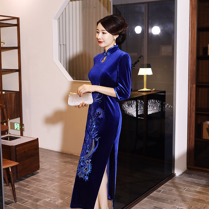 Vintage Embroidered Velvet Long Qipao