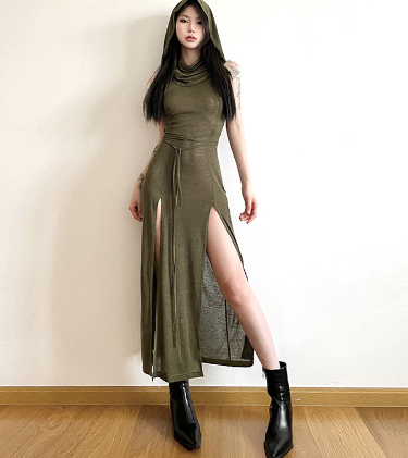 Gothic Style Hooded Dress with Side Slits (One Piece)